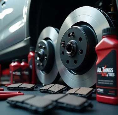 car brake rotors, pads, and brake fluid inside a professional auto repair shop for quality service