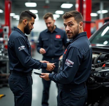 Mechanics discussing a repair job inside a professional auto repair shop for quality service 