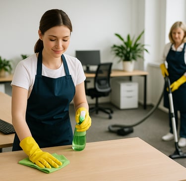Zespół sprzątający czyści biuro w Gdańsku – profesjonalna usługa sprzątania powierzchni biurowych w Trójmieście.