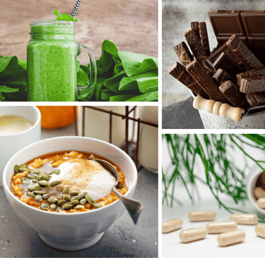 Magnesium-rich foods like spinach, bananas, pumpkin seeds, and almonds arranged in a wellness flat l