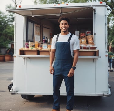 Man standing in front of a food truck wearing an apron, representing a small business owner and side