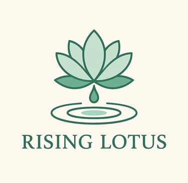 Illustration of a green lotus flower rising out water, with a drip of water that causes a ripple on a cream background