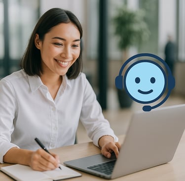 a woman sitting at a desk with a laptop and a smiling face
