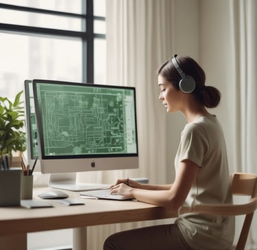 a woman sitting at a desk with a computer monitor and headphones