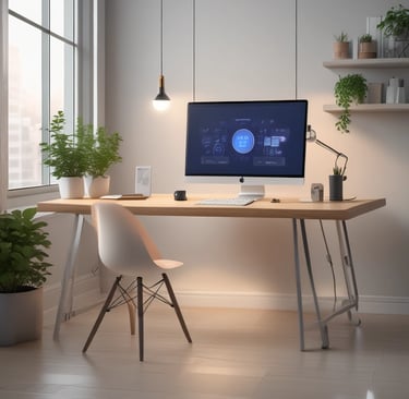 a computer desk with a monitor and a monitor