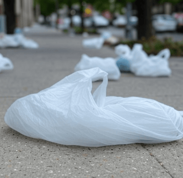 Des sacs plastiques sur le trottoir pendant la journée mondiale sans sacs plastiques.