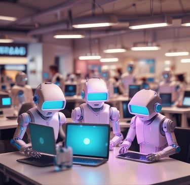 a group of white robots sitting on top of laptops