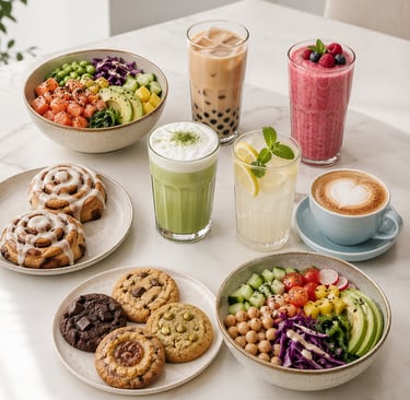 Healthy poke bowls, gourmet cookies, cinnamon rolls, and refreshing boba tea on a marble table.