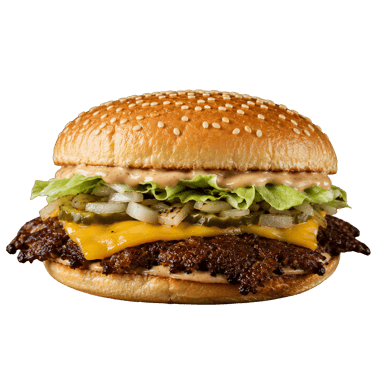 Smash Burger with beef patty, grilled onions, homemade sauce, lettuce and pickles on a toasted bun a