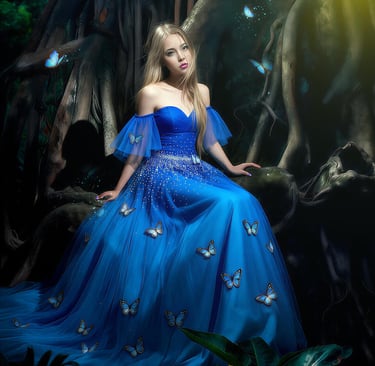 Quinceañera boliviana con vestido de mariposas azul rey en un bosque mágico. Sesión de fotos 