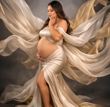 Beautiful expectant mother in a flowing champagne gown, 53fotografia cochabamba bolivia
