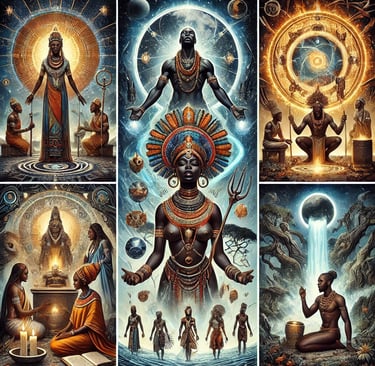 Iconic imagery spanning Nigerian Mythjology and scenes that depict rituals