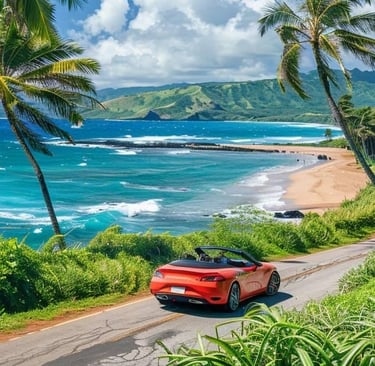 Voiture roulant le long d'une plage à Hawaii - image créée par Intelligence Artificielle
