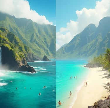 Comparaison Hawaii Tahiti - image créée par Intelligence Artificielle