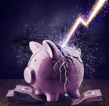 Piggy bank, sat on a pile of cash, cracking as it is struck by lightening