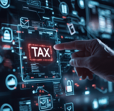 Hand with finger pointing to a touch screen that says tax