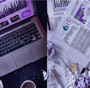 Right side shows chaos, balls of paper etc. Left side show organised desk with laptop showing KPIs