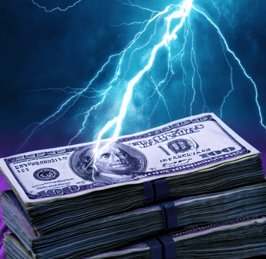Lightening blot striking a giant wedge of cash