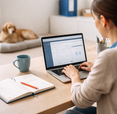 Hundetrainerin sitz vor ihrem Laptop, im Hintergrund liegt ein Hund auf seinem Platz