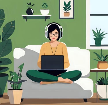 a woman sitting on a couch with headphones on