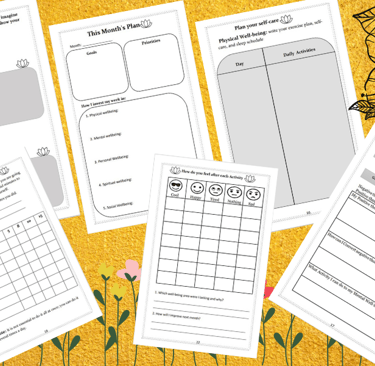 A series of pages from a mental health journal with a background image of flowers