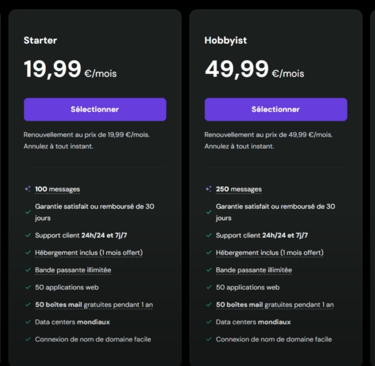 Les prix pour la solution Hostinger Horizons