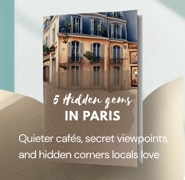 Free PDF guide “5 Hidden Gems in Paris” showing a Parisian townhouse cover design