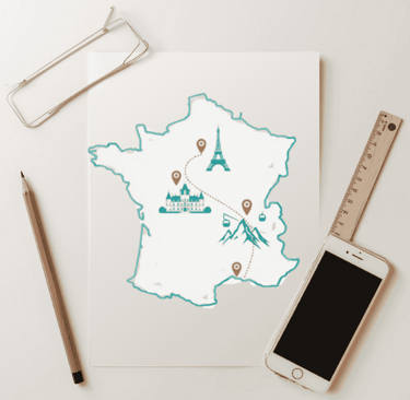 France map with Eiffel Tower and château icons, dotted route from Paris to the Loire.