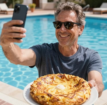 A smiling mature man wearing sunglasses takes a selfie with a fresh quiche by a sunny swimming pool.