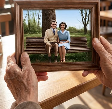 Elderly hands holding a framed vintage photo of a young couple sitting on a park bench.