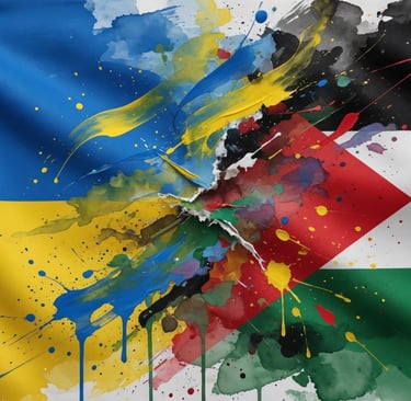 Artistic splash of Ukraine and Palestine flags meeting with paint splatters and textured fabric.