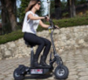 a woman riding a scooter in a park