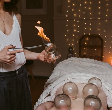 a woman is shown in a photo using flame to set up cupping