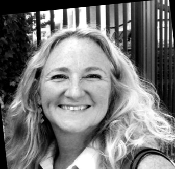 a woman with blonde hair and a black and white photo