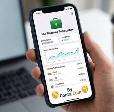 A person holding a smartphone displaying a personal finance app with spending charts and recent transactions.