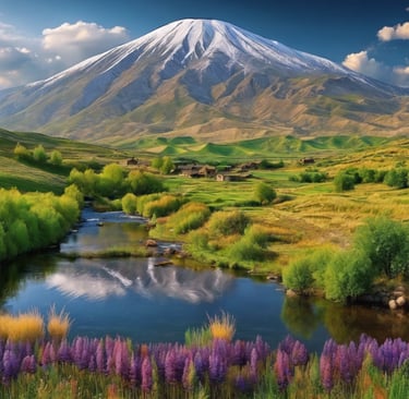 a mountain scene with a river and a mountain in the background