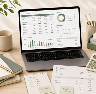 Laptop showing a business finance dashboard with invoices, calculator, client payment folder, notebo