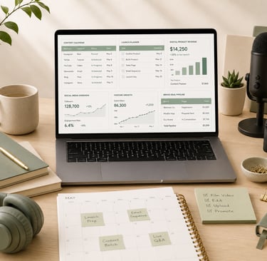 Laptop showing a creator dashboard with content calendar, launch planner, revenue tracker, microphon