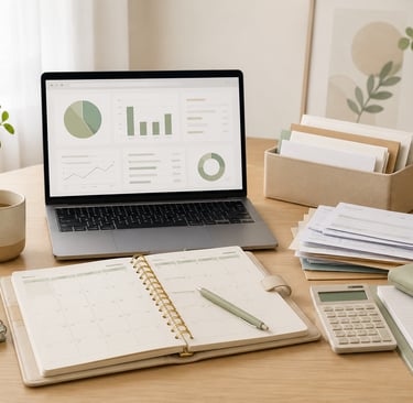 Budget planning workspace with laptop dashboard, calendar planner, calculator, papers, plants, and soft green stationery.
