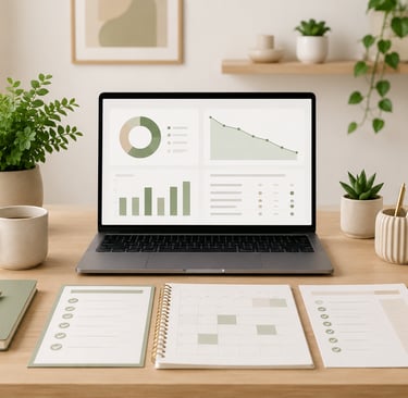 Laptop and tablet displaying digital planning tools with printable pages and greenery.