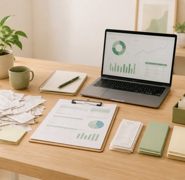 Organized budgeting desk with laptop dashboard, receipts, planner pages, and file box.