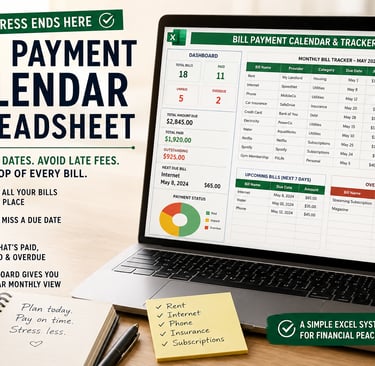 Excel bill payment calendar spreadsheet for tracking due dates, payment status, and monthly bills.