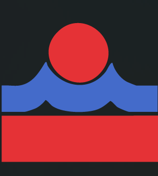 Gráfico minimalista de un sol rojo poniéndose sobre olas azules sobre un fondo oscuro.