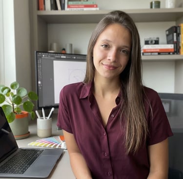 Una diseñadora gráfica sonriente está sentada en su escritorio con una computadora portátil