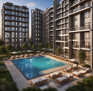 High-rise apartment building illuminated at night with city skyline.