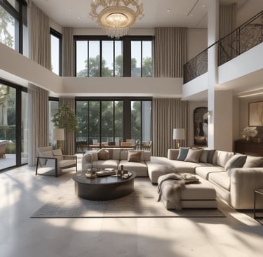 Stylish interior of a luxury apartment with floor-to-ceiling windows.