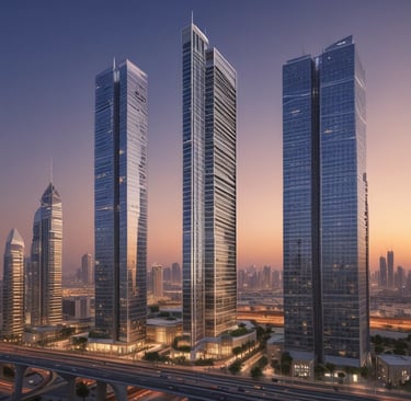 Elegant commercial office building with gold accents and modern design.