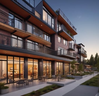 Mixed-use development featuring retail shops and residential units at sunset.