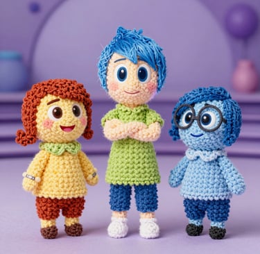 Close-up of colorful handmade amigurumi dolls arranged on a wooden table