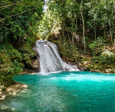 Beautiful travel destinations in Jamaica with waterfalls and coastlines
